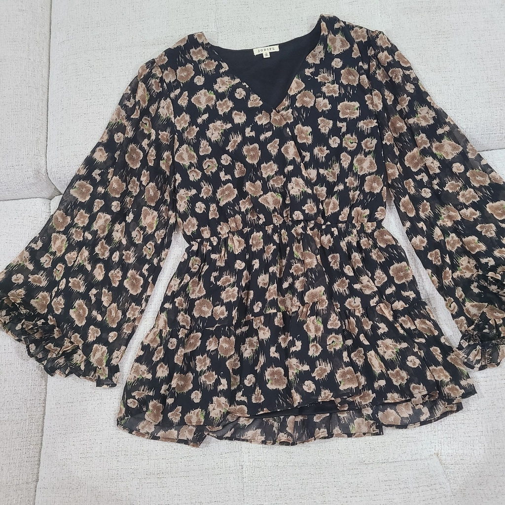 Jodifl Womens Small Faux Wrap Blouse Top Belle Sleeves Floral Black Brown Blouse